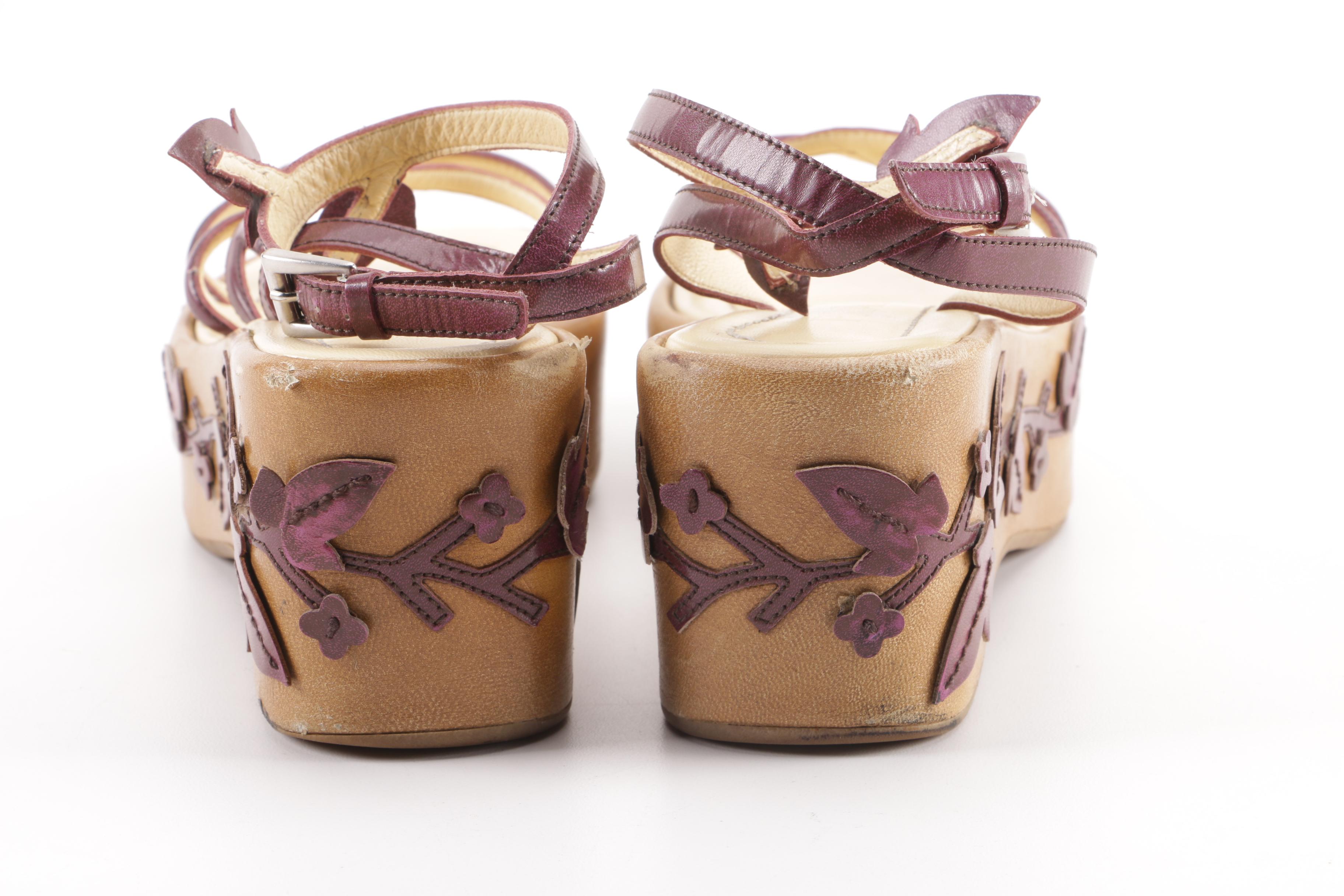 1997 Prada Floral Leather Vine Leaf Platform Sandals