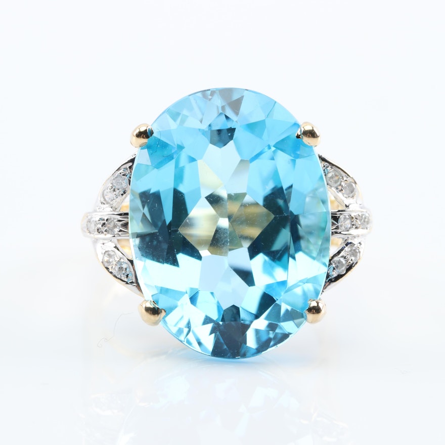 14K Yellow Gold 18.75 Carat Blue Topaz and Diamond Ring