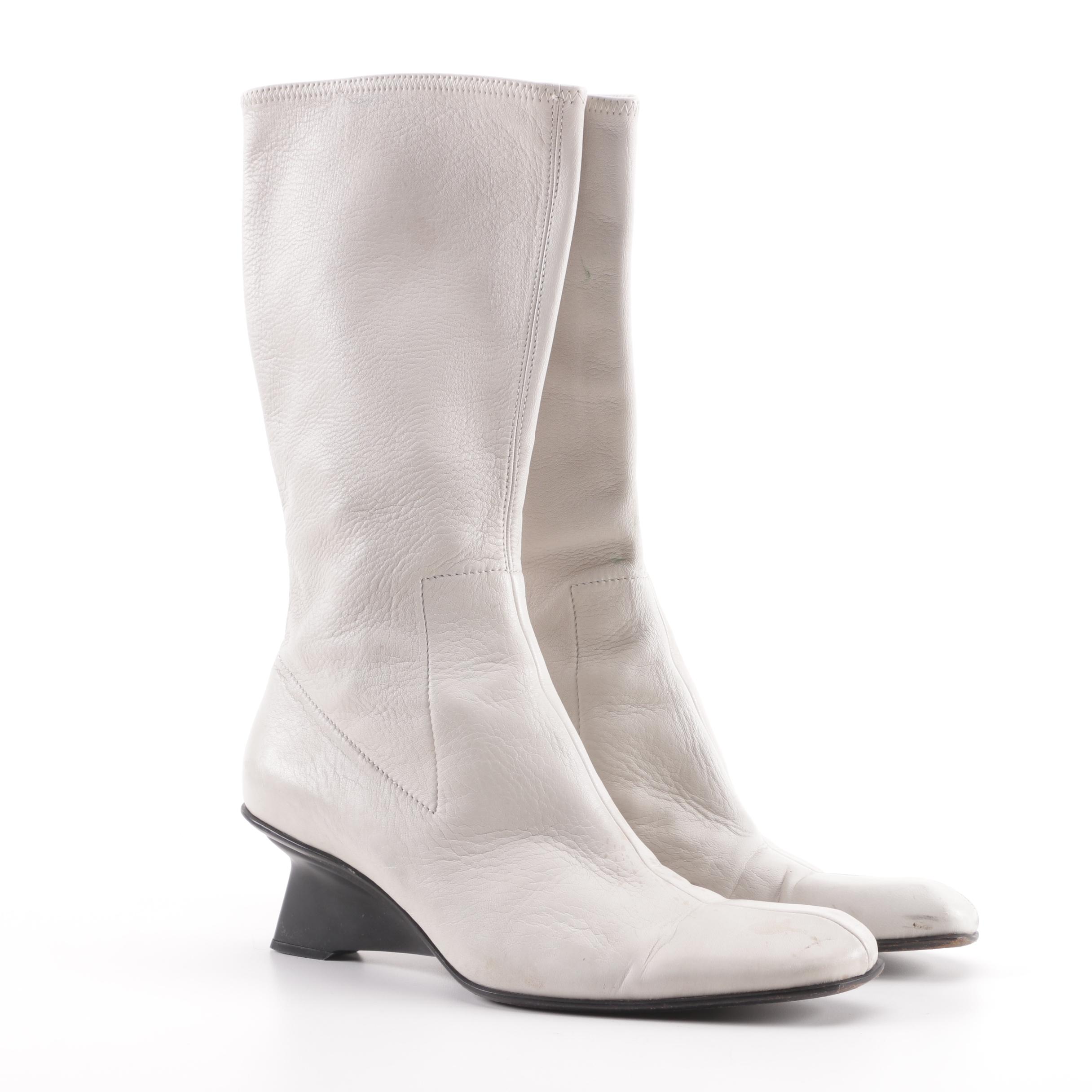 Prada Grey Leather Calf-Length Boots, Made in Italy