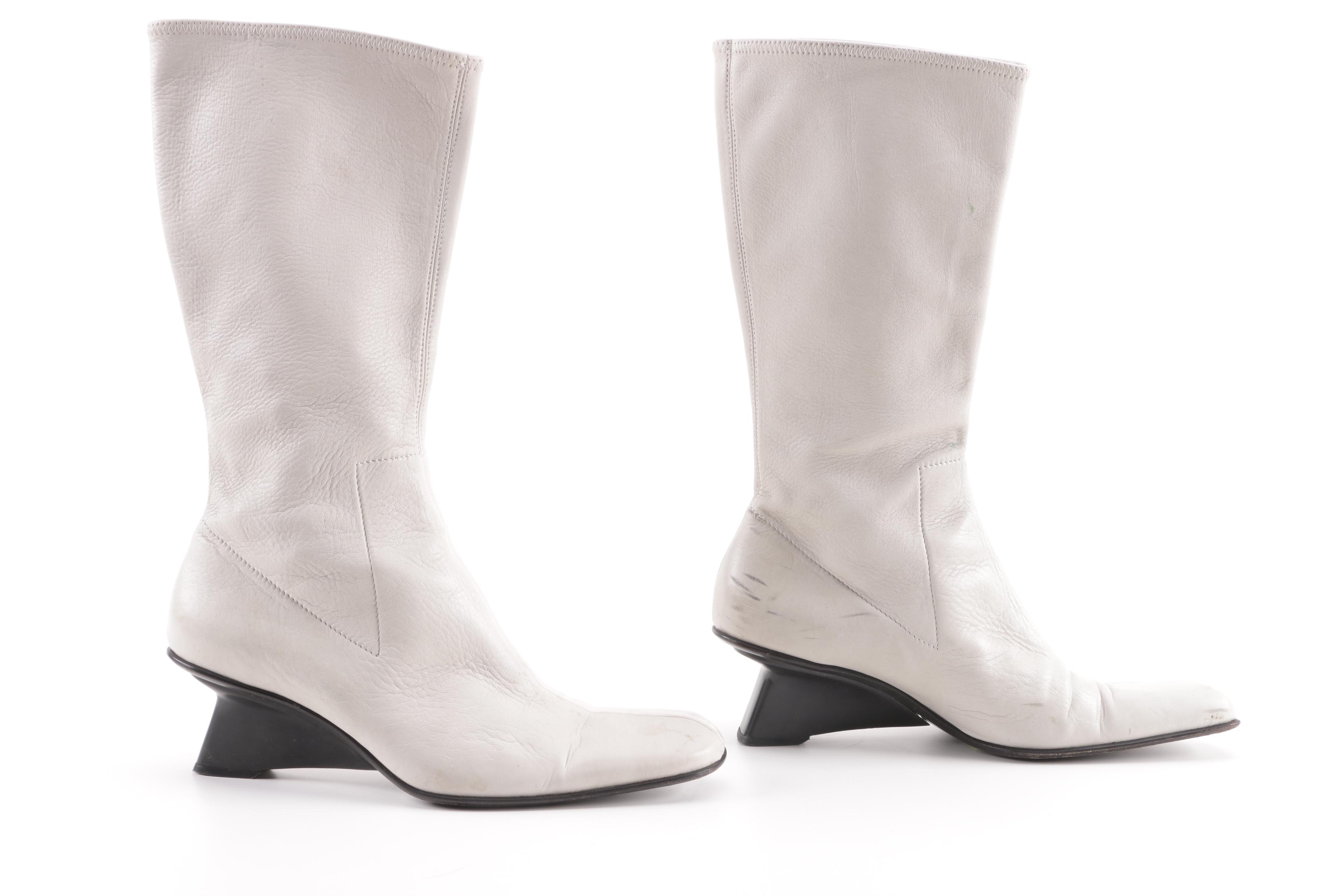 Prada Grey Leather Calf-Length Boots, Made in Italy