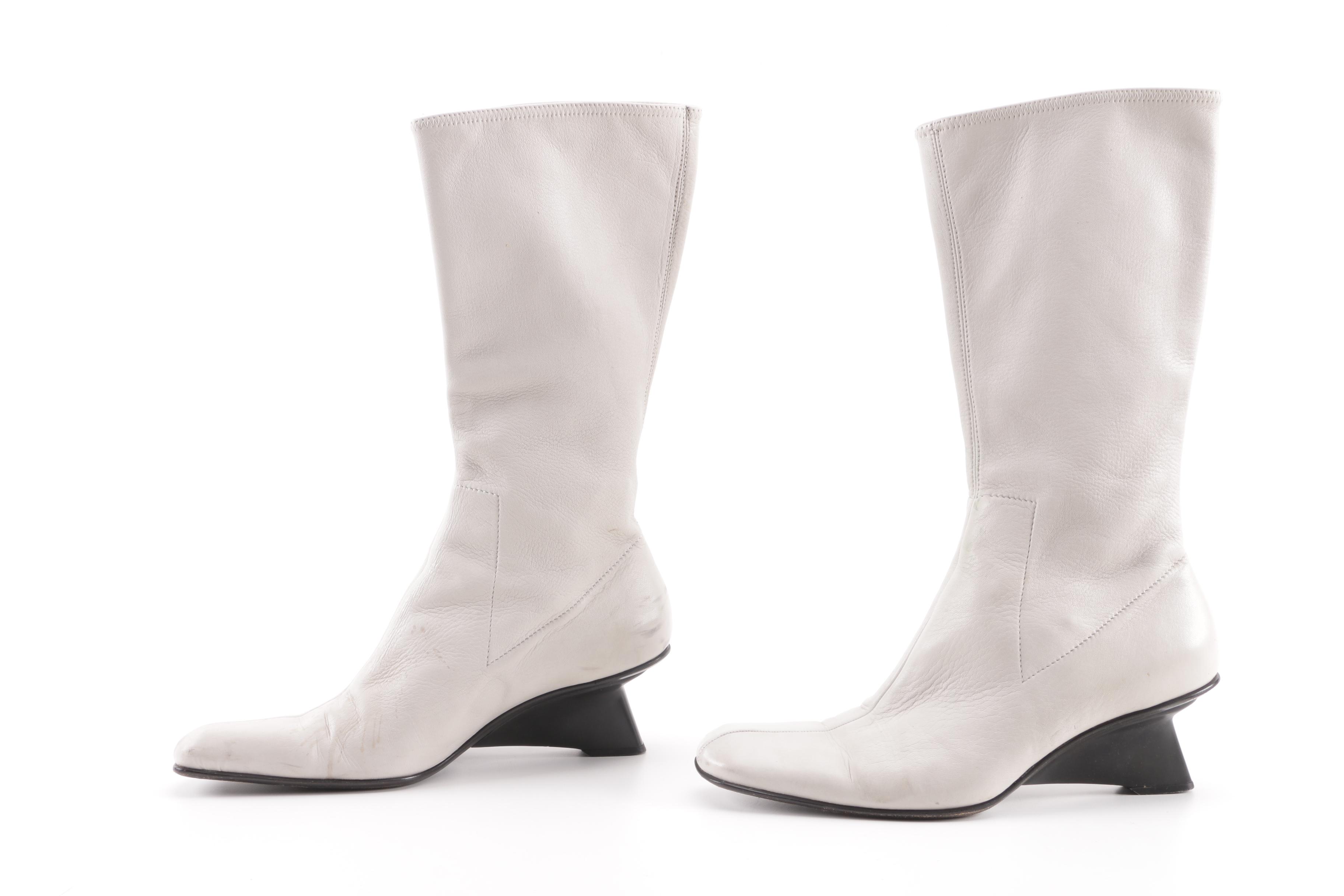 Prada Grey Leather Calf-Length Boots, Made in Italy