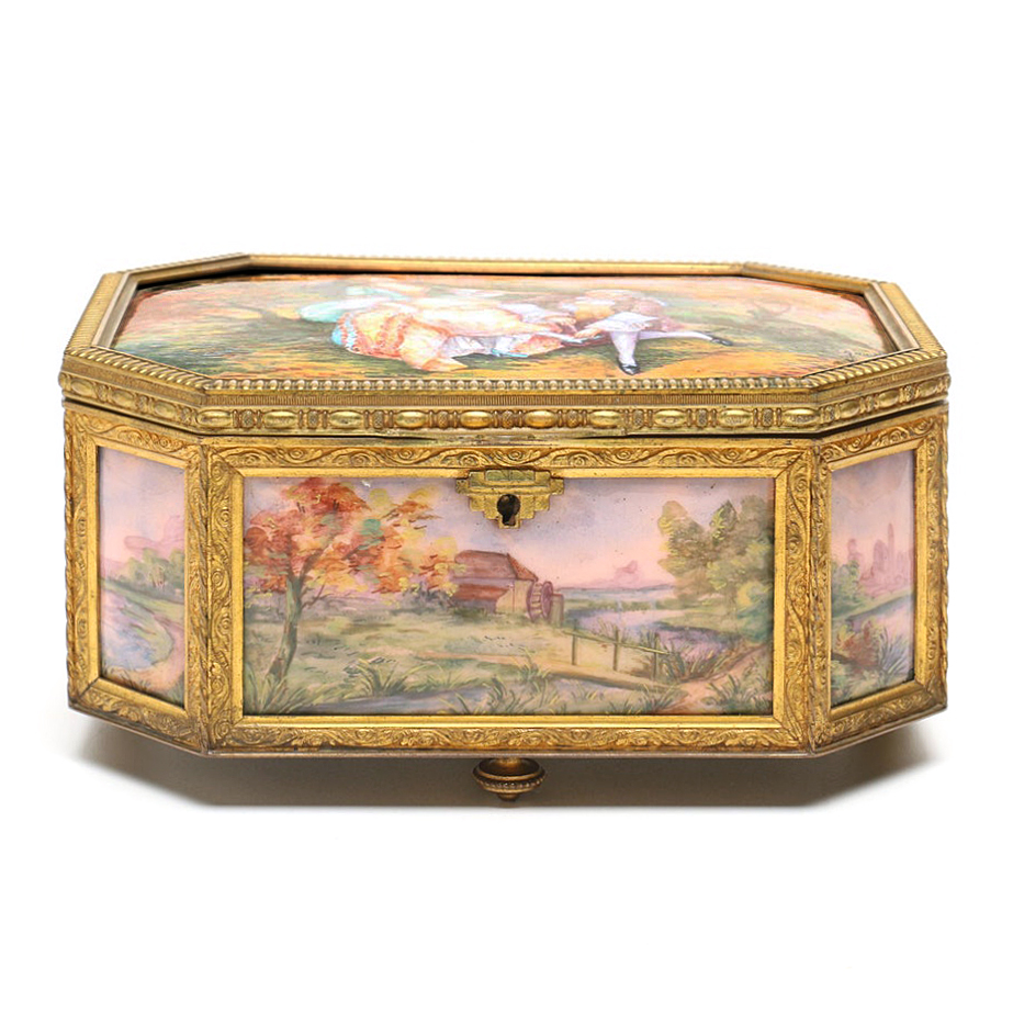A la Marquise de Sévigné Enamel and Copper Casket Jewelry Box, 19th Century