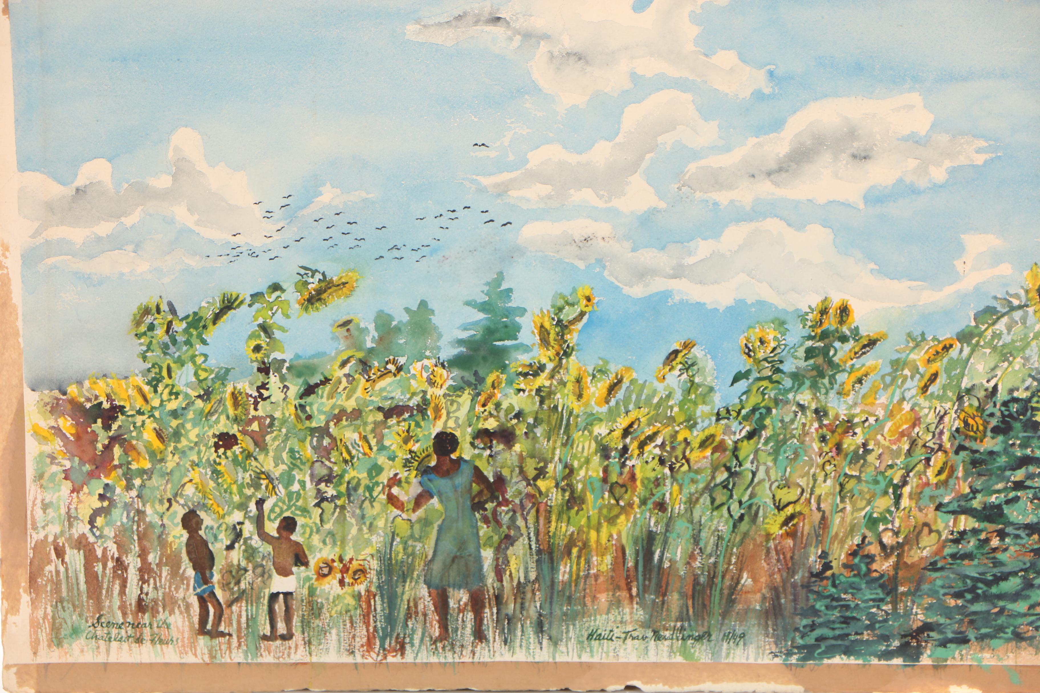 Travis Neidlinger 1949 Gouache Painting "Scene Near the Chatelait de Fleurs"