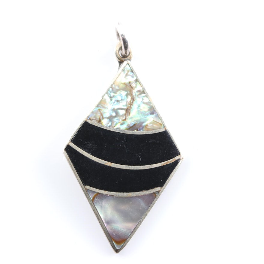 Silver Plated Abalone, Mother of Pearl and Black Onyx Pendant