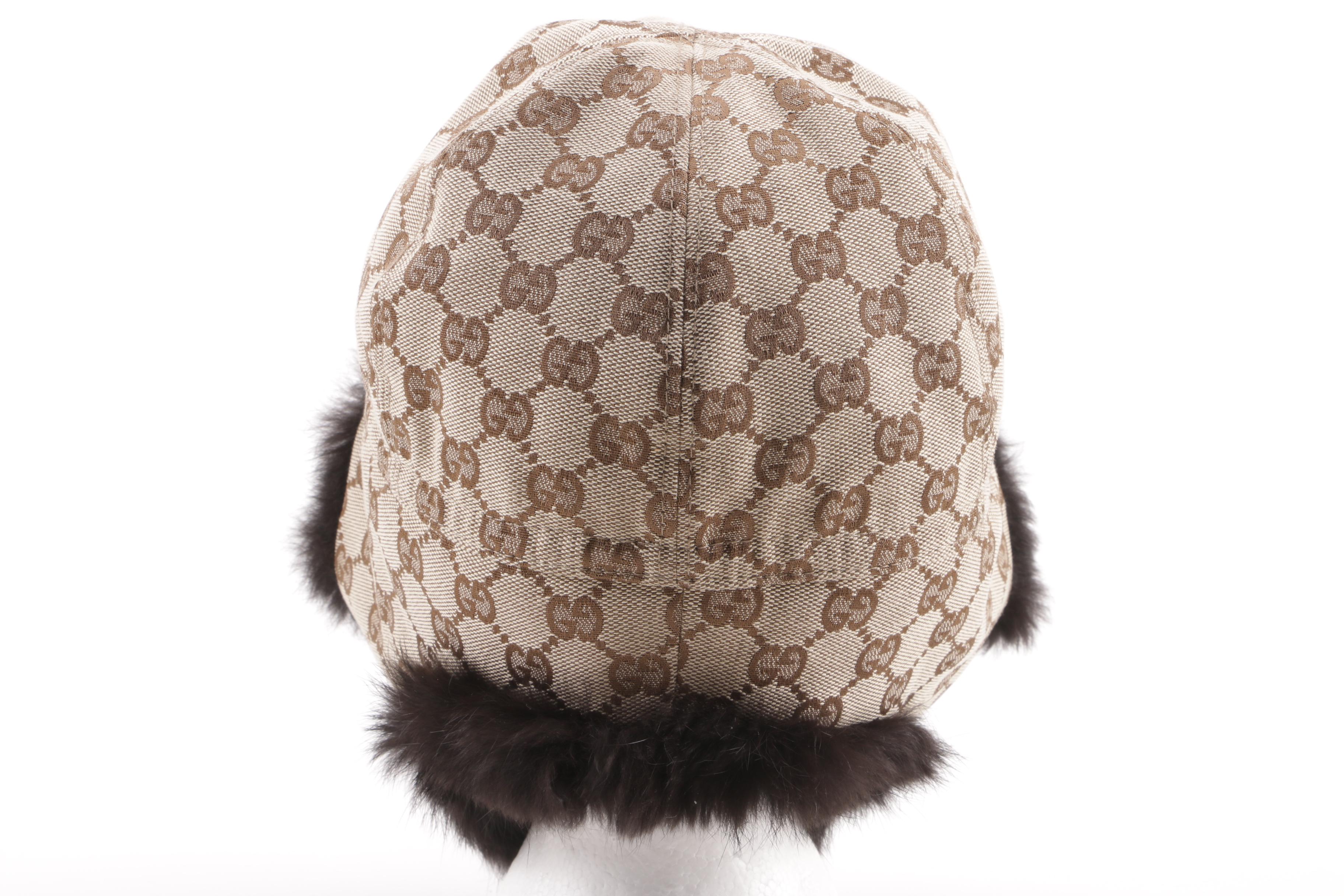 Gucci GG Canvas Ear Flap Baseball Cap with Rabbit Fur Trim