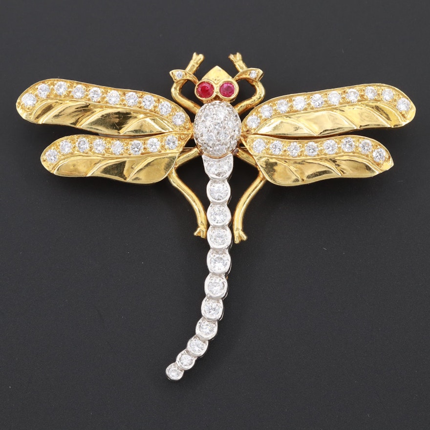 18K Yellow Gold and Platinum 1.98 CTW Diamond and Ruby Dragonfly Brooch