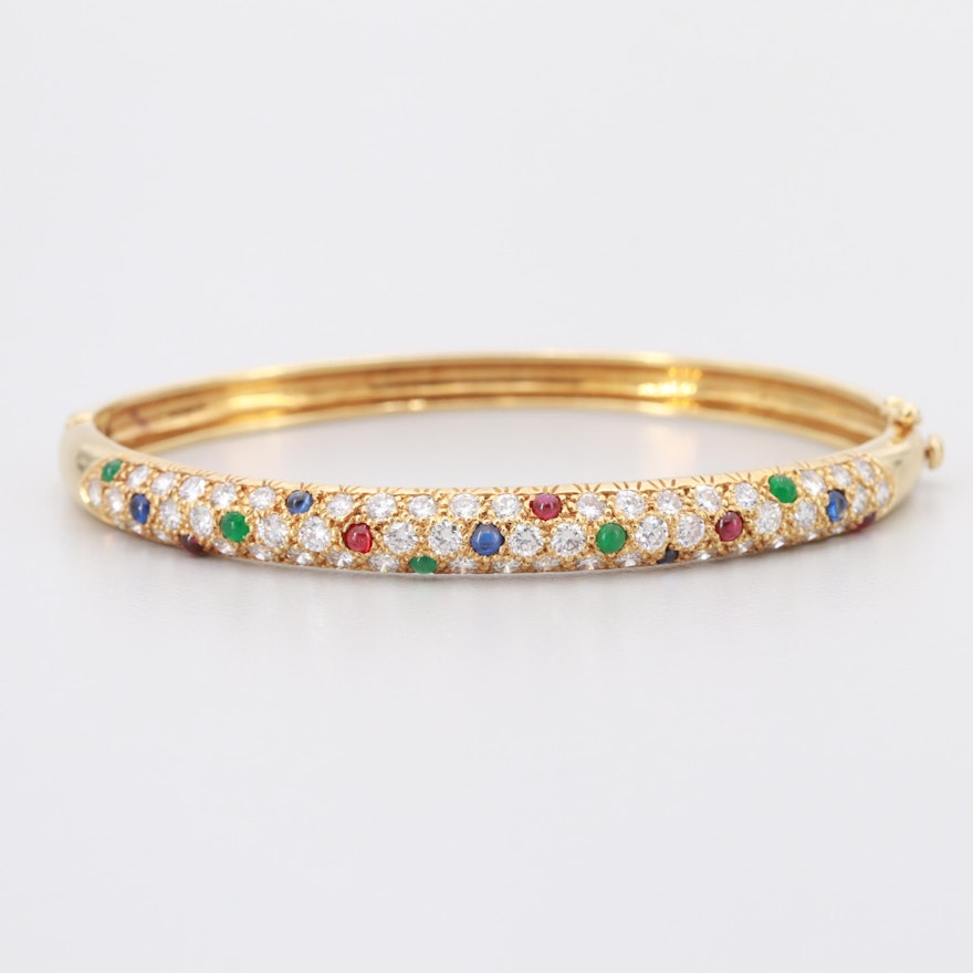 18K Yellow Gold 2.73 CTW Diamond, Sapphire, Ruby and Emerald Hinged Bracelet
