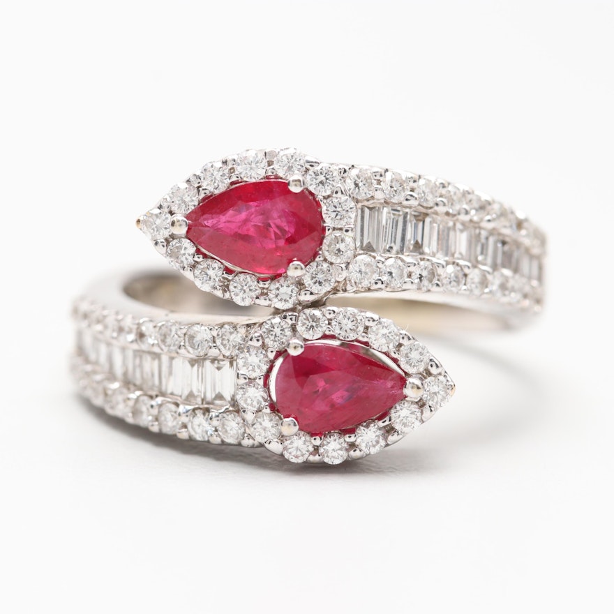 18K White Gold Ruby and Diamond Bypass Ring