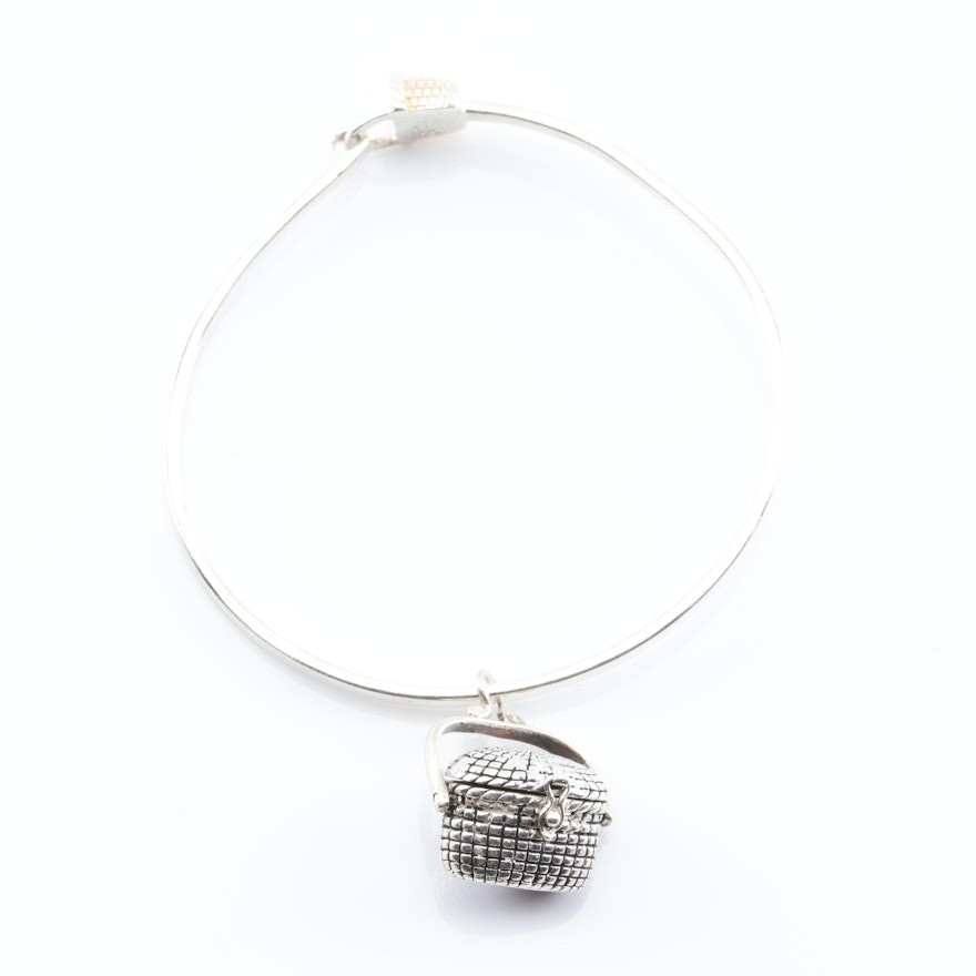 Sterling Silver Bangle Bracelet with Dangle Basket Charm