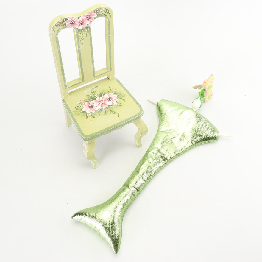 French Poupée Millet Mermaid with Milson & Luis Hand-Painted Doll Chair