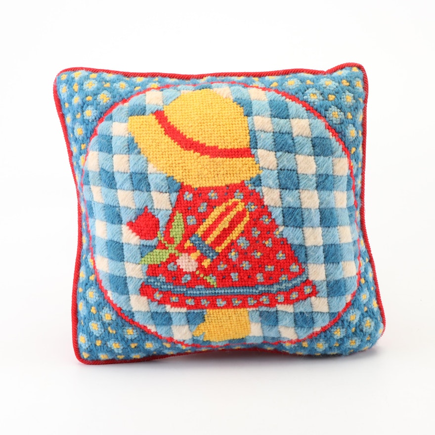 Needlepoint Girl with Bonnet Accent Pillow with Corduroy Reverse