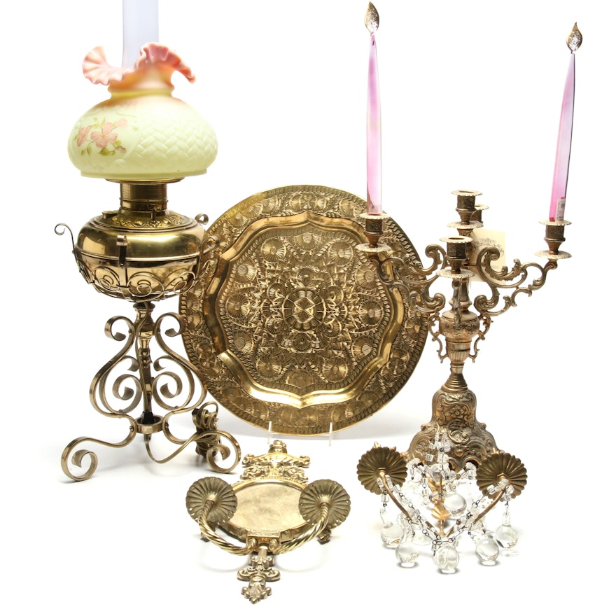 Brass Decor Including Converted Oil Lamp with Ruffled Glass Shade