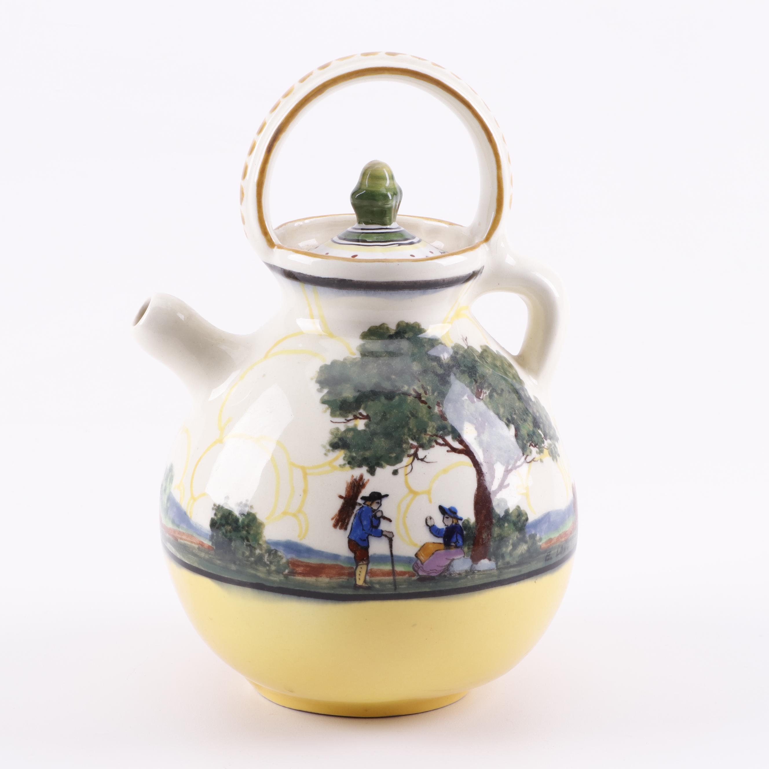 French Hand-Painted Faïence Teapot with Floral Faïence Plates