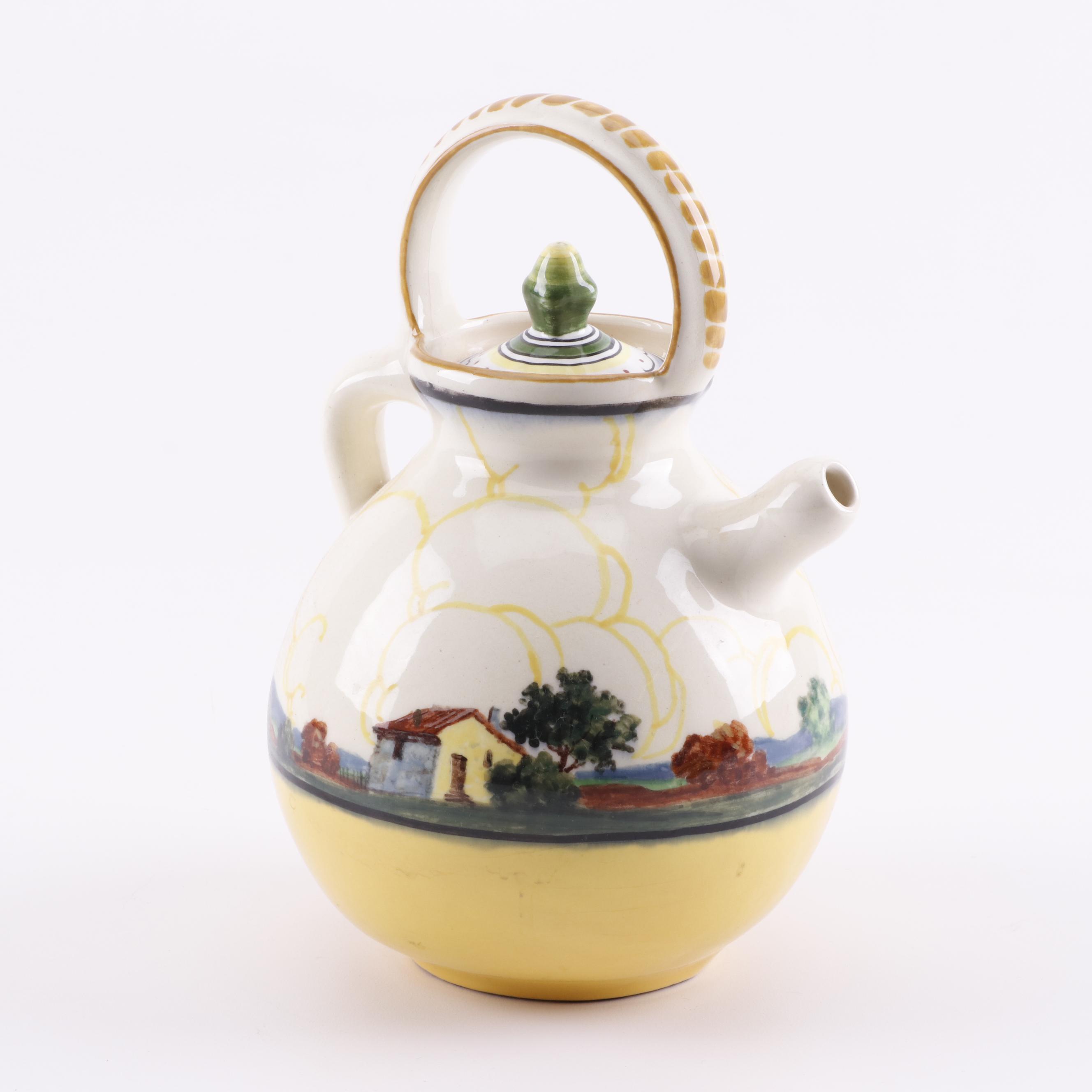 French Hand-Painted Faïence Teapot with Floral Faïence Plates