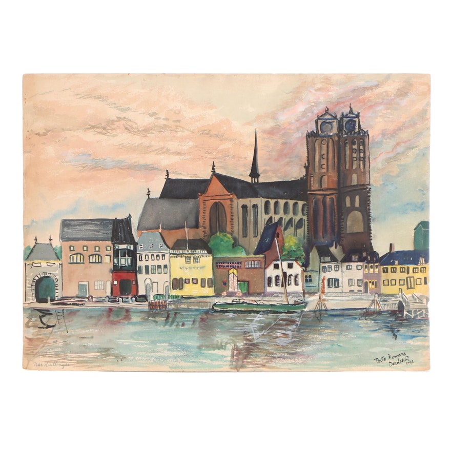 Travis Neidlinger 1948  Gouache Painting "Porta Romana Dordrecht"