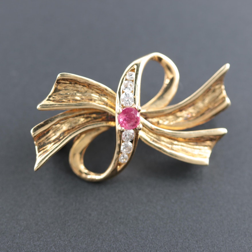 14K Yellow Gold Ruby and Diamond Brooch