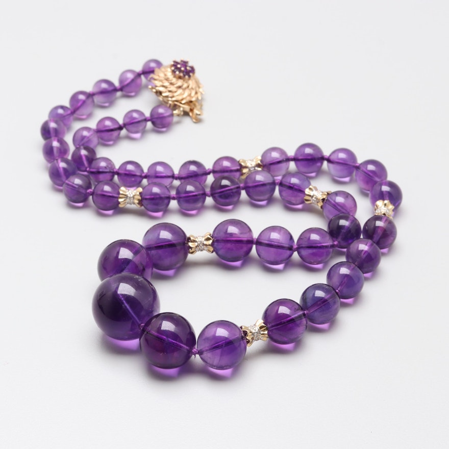 14K Yellow Gold Amethyst and Diamond Beaded Necklace