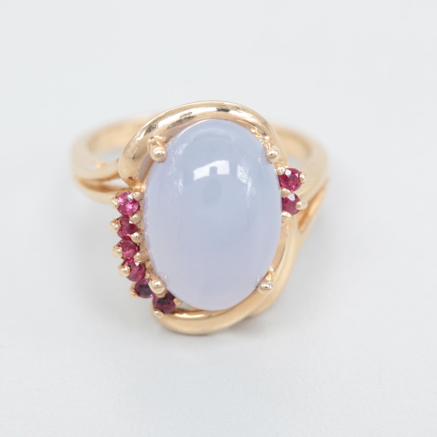 14K Yellow Gold Jadeite and Ruby Ring