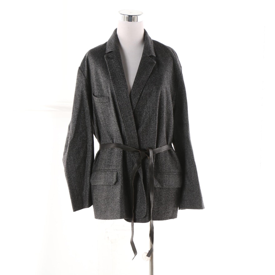 Women's Isabel Marant Charcoal Grey Herringbone Wool Blend Wrap Jacket