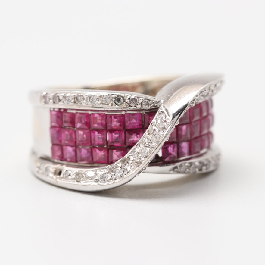 14K White Gold Diamond and Ruby Ring