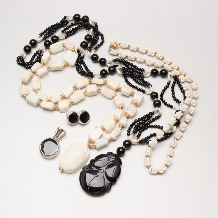 Assorted Costume Jewelry Including Talc, Onyx and Cultured Pearl