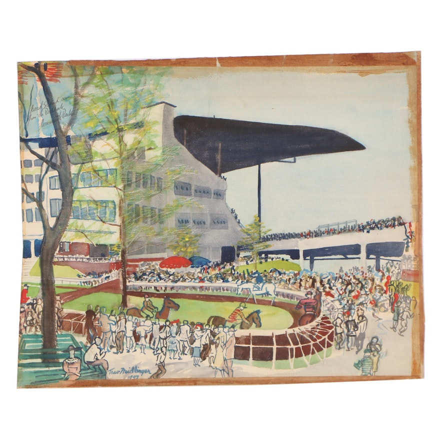 Travis Neidlinger 1947 Gouache Painting "View from the Grandstand Monmouth Park"