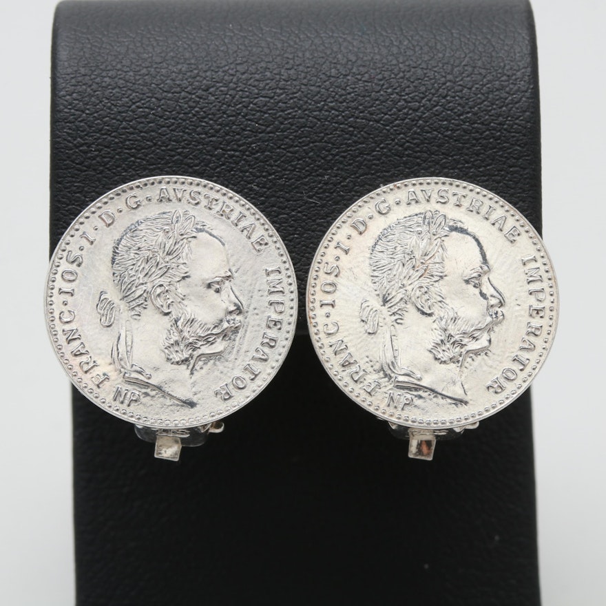 Silver Tone Earrings with 1915 Hungarian Silver Replica Coin