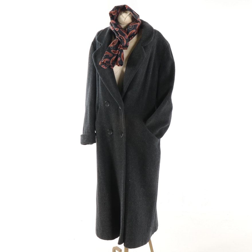 Women's Vintage Herman Kay Charcoal Grey Wool Blend Coat with Scarf
