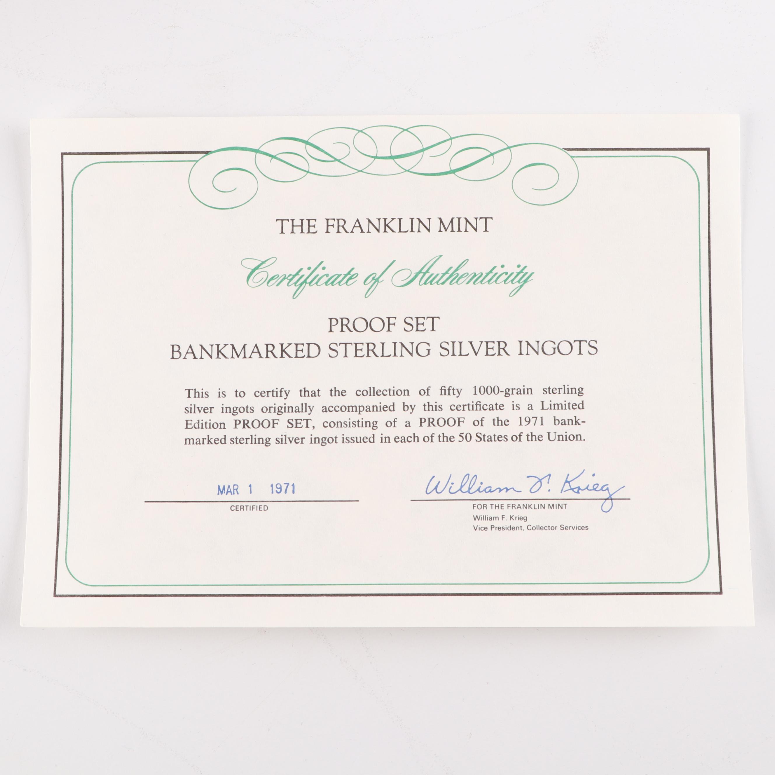 Franklin Mint 50-State Collection of 1971 1000 Grain Sterling Silver Ingots
