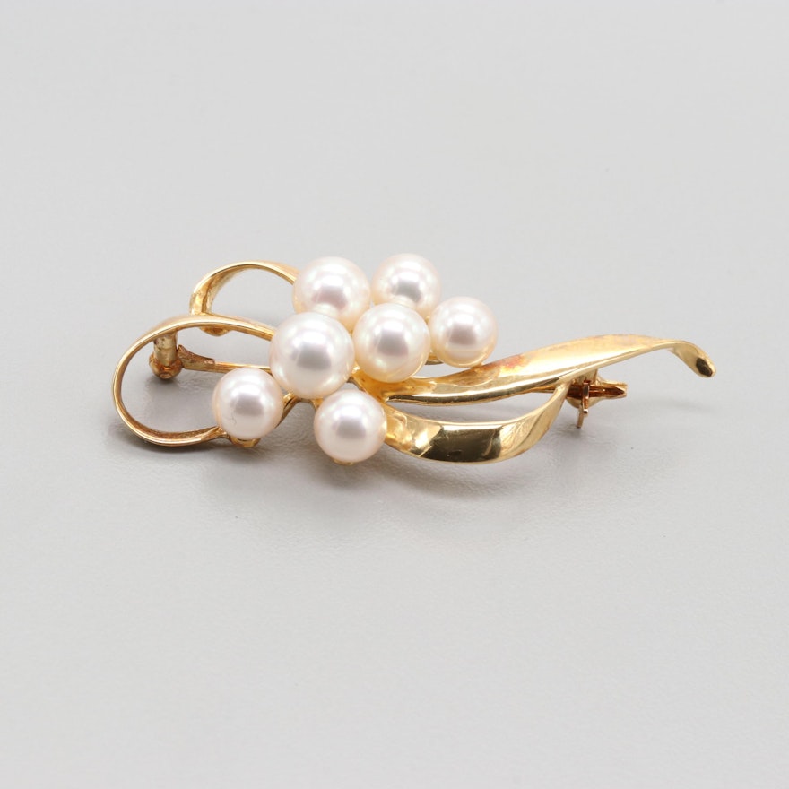 Mikimoto 18K Yellow Gold Cultured Pearl Brooch