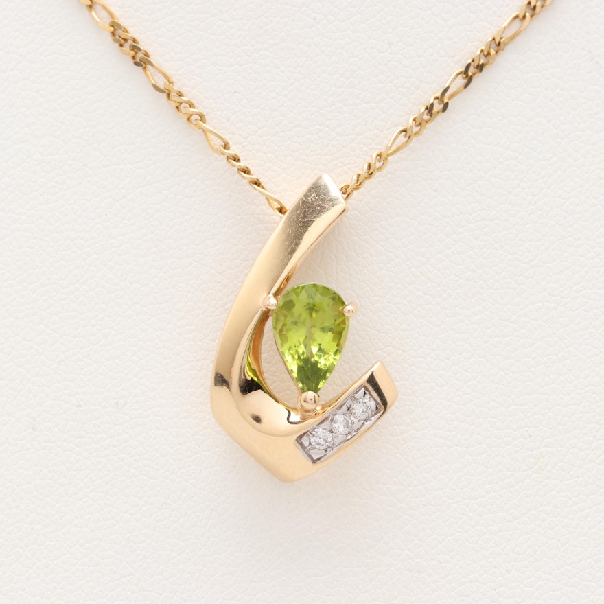 14K Yellow Gold Peridot and Diamond Pendant Necklace