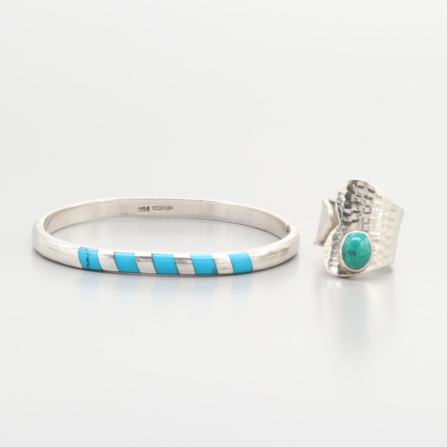 Sterling Ring and 950 Silver Bracelet Including Turquoise and Imitation Stone