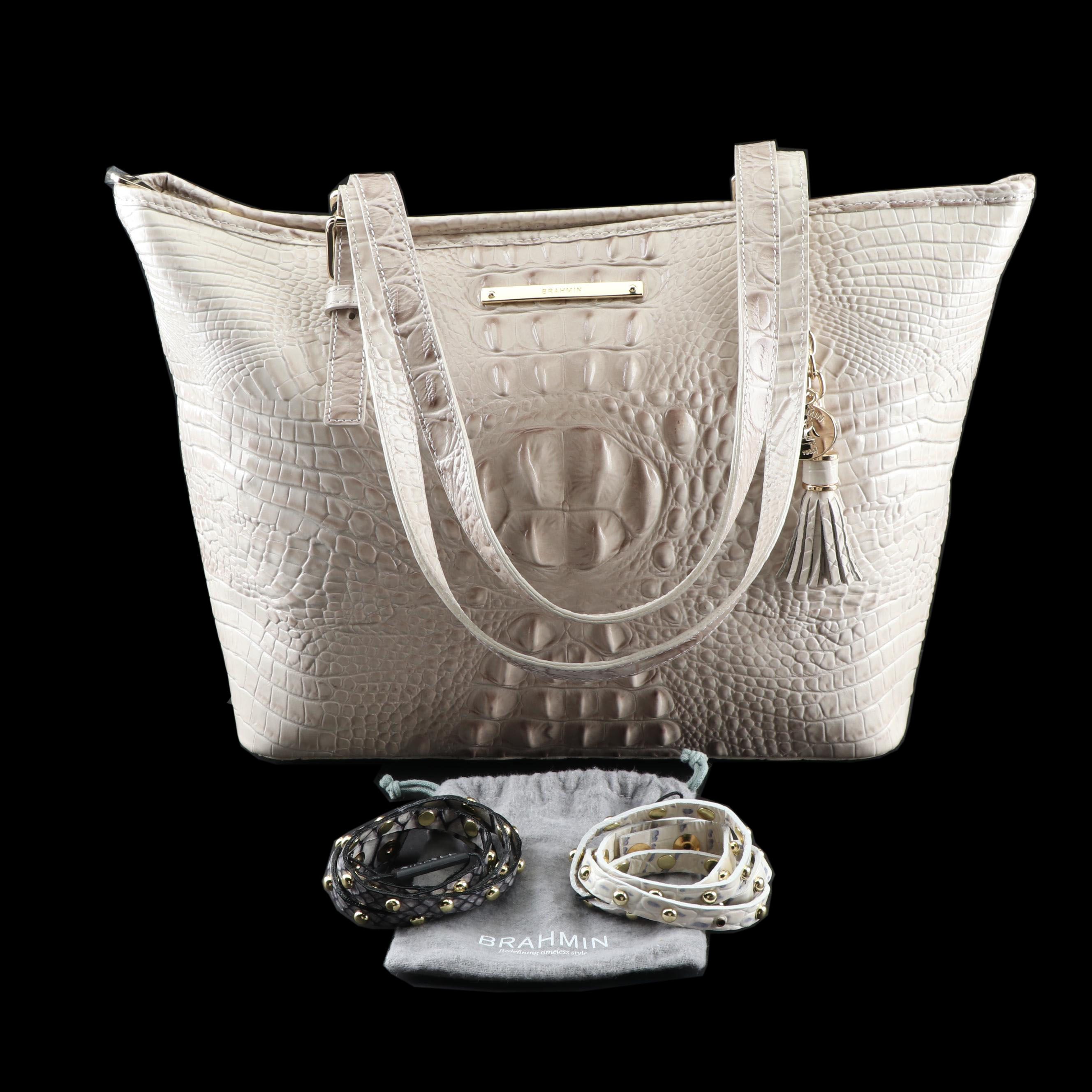 Brahmin Crocodile Embossed Cream Leather Tote Bag and Leather Studded Bracelets