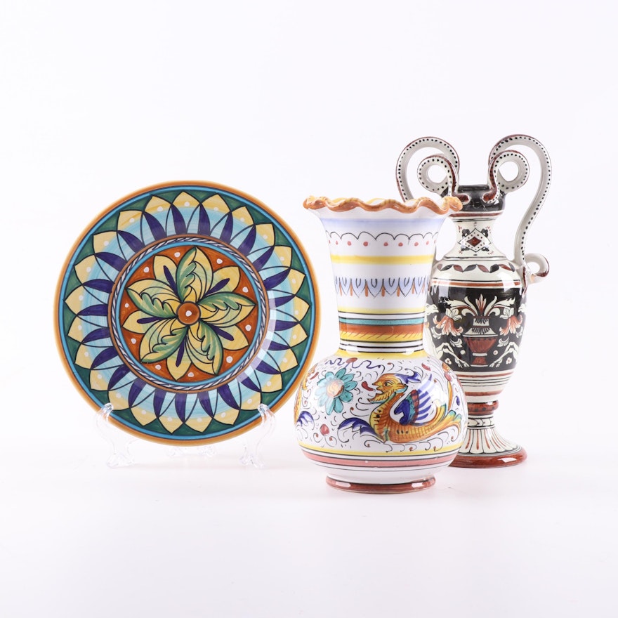 Deruta Italian Majolica Plate and Vases Including Raffaellesco