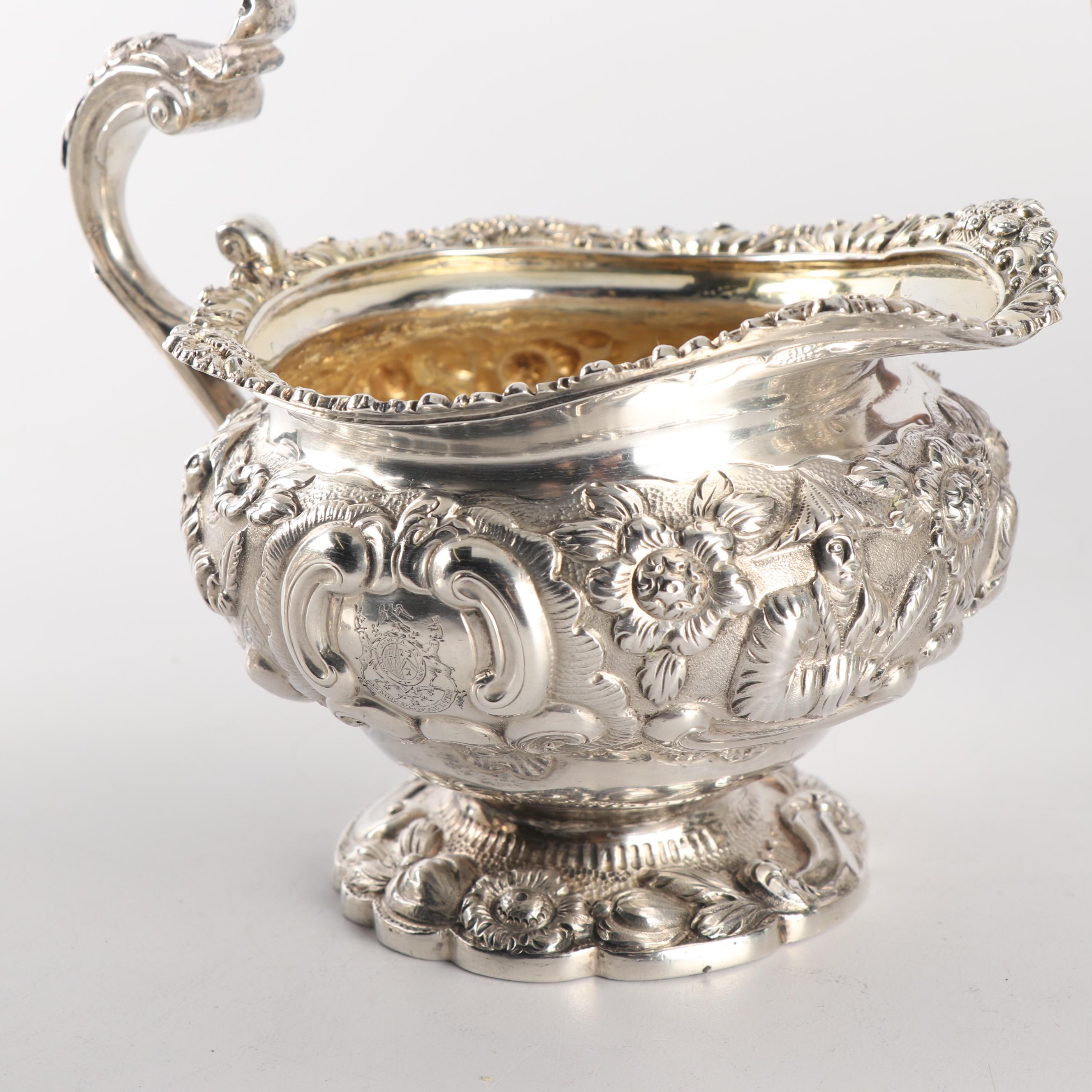 Order of the Bath English Silver Teapot, Wastebowl and Creamer, London 1818
