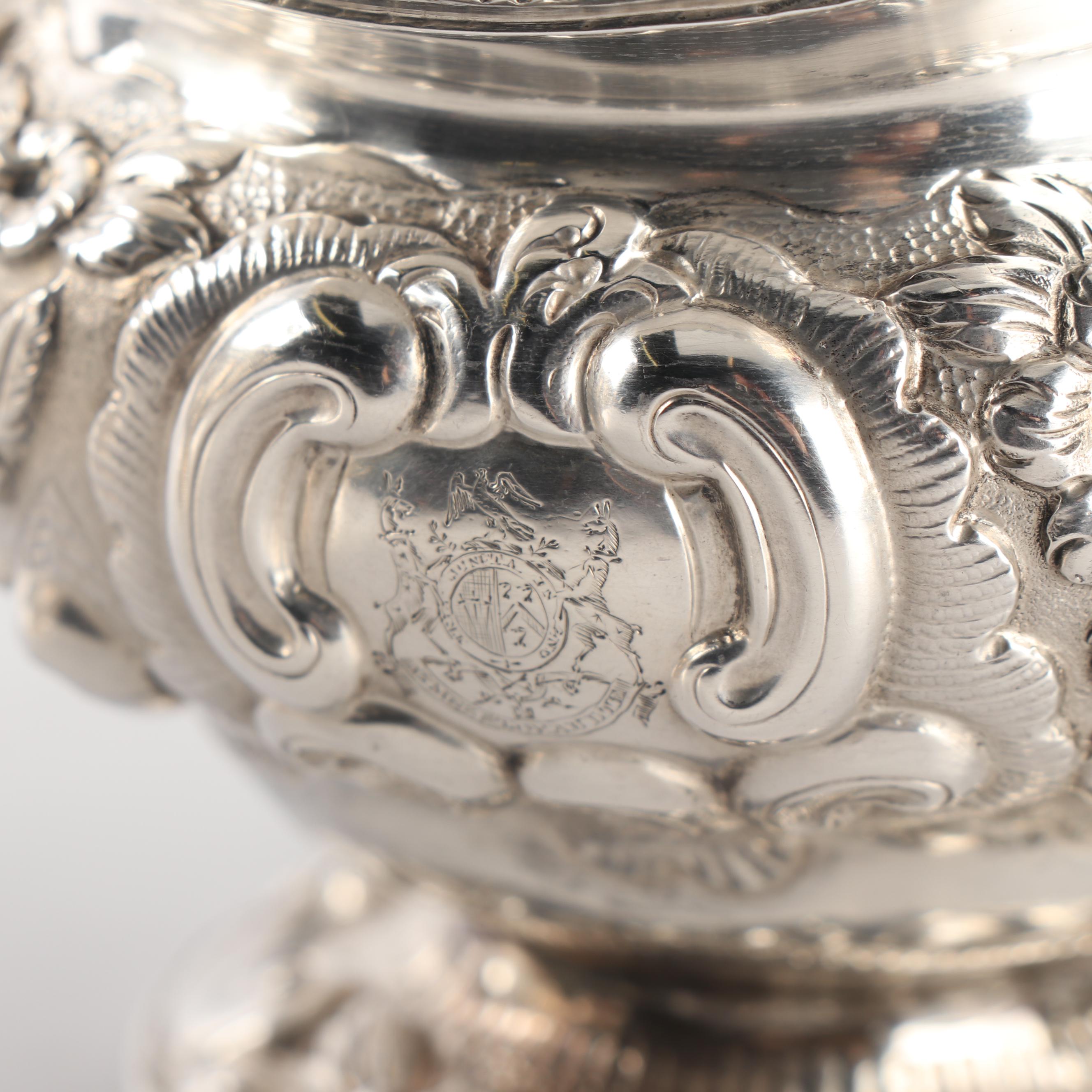 Order of the Bath English Silver Teapot, Wastebowl and Creamer, London 1818