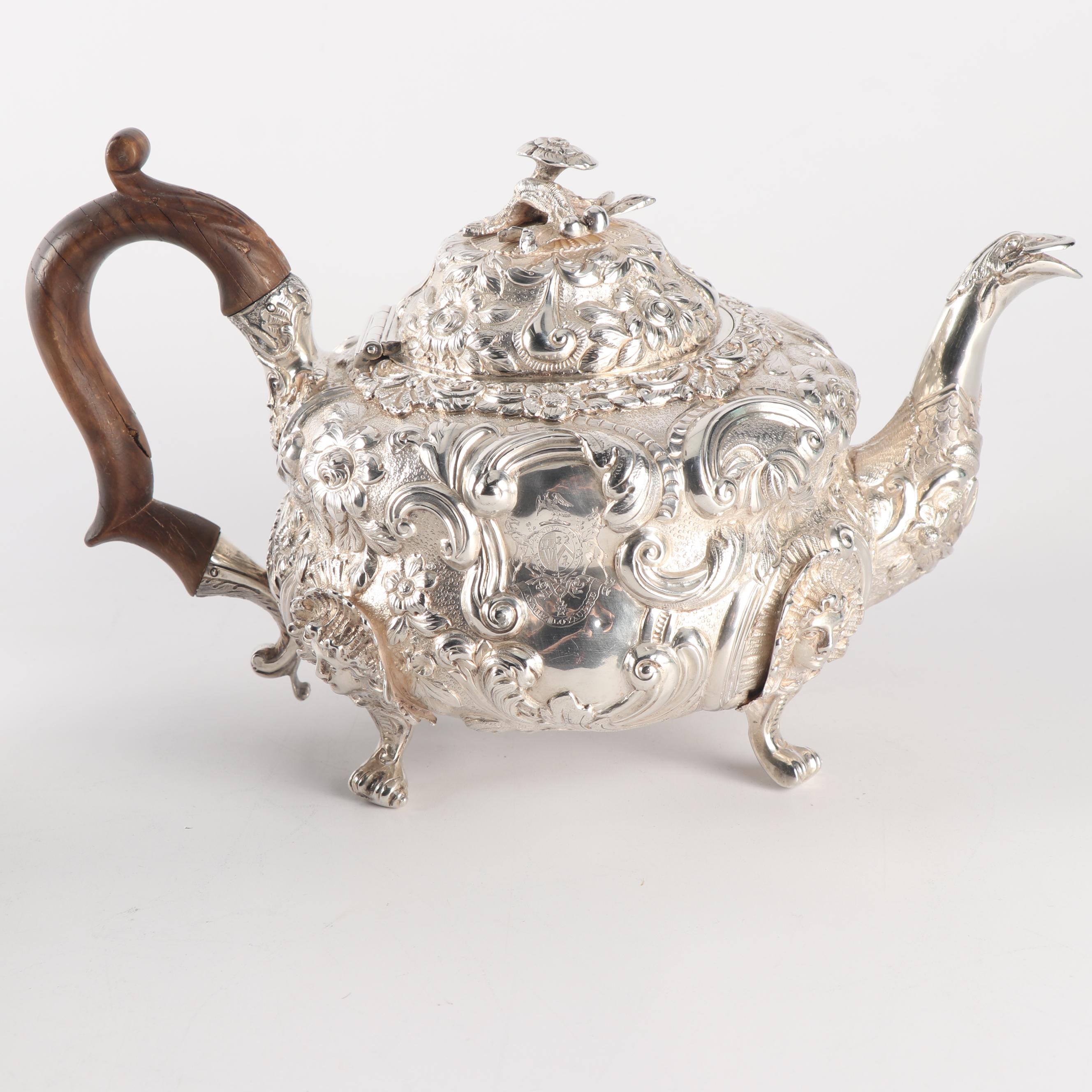 Order of the Bath English Silver Teapot, Wastebowl and Creamer, London 1818