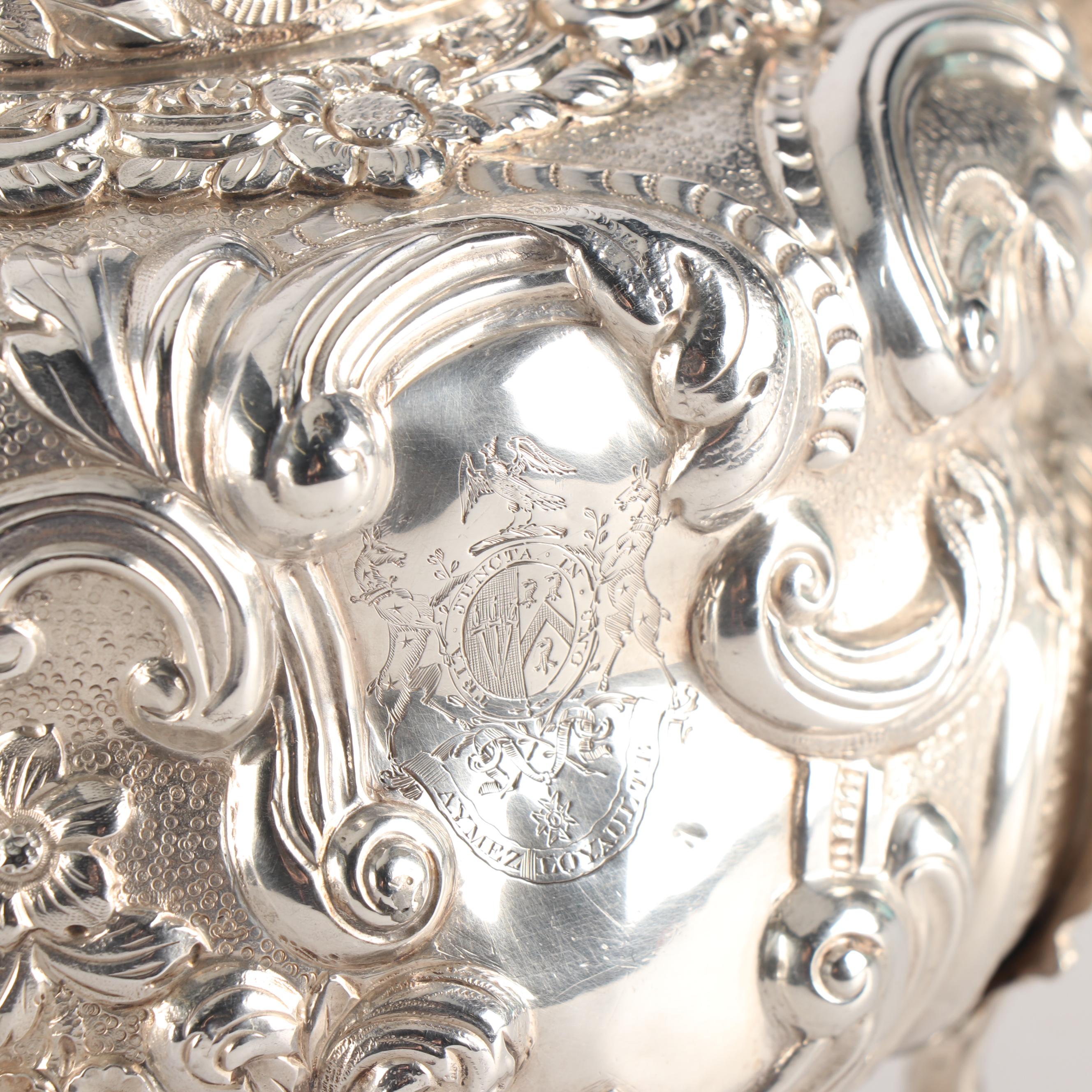 Order of the Bath English Silver Teapot, Wastebowl and Creamer, London 1818