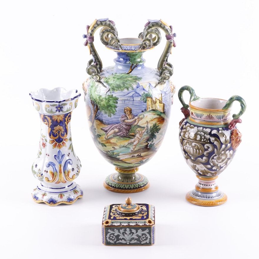 Italian Maiolica Vases and Inkwel Including Cantagallil