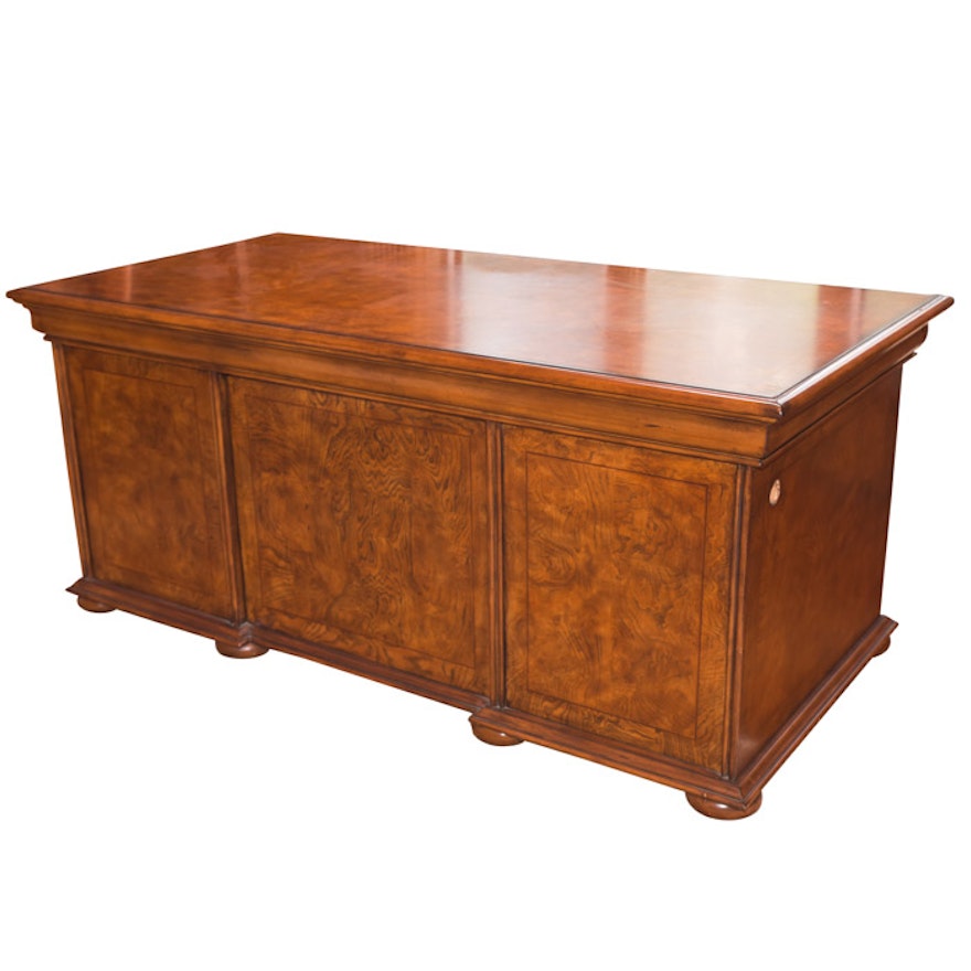 Burl Pattern Laminate and Wood Double Pedestal Executive Desk, 21st Century