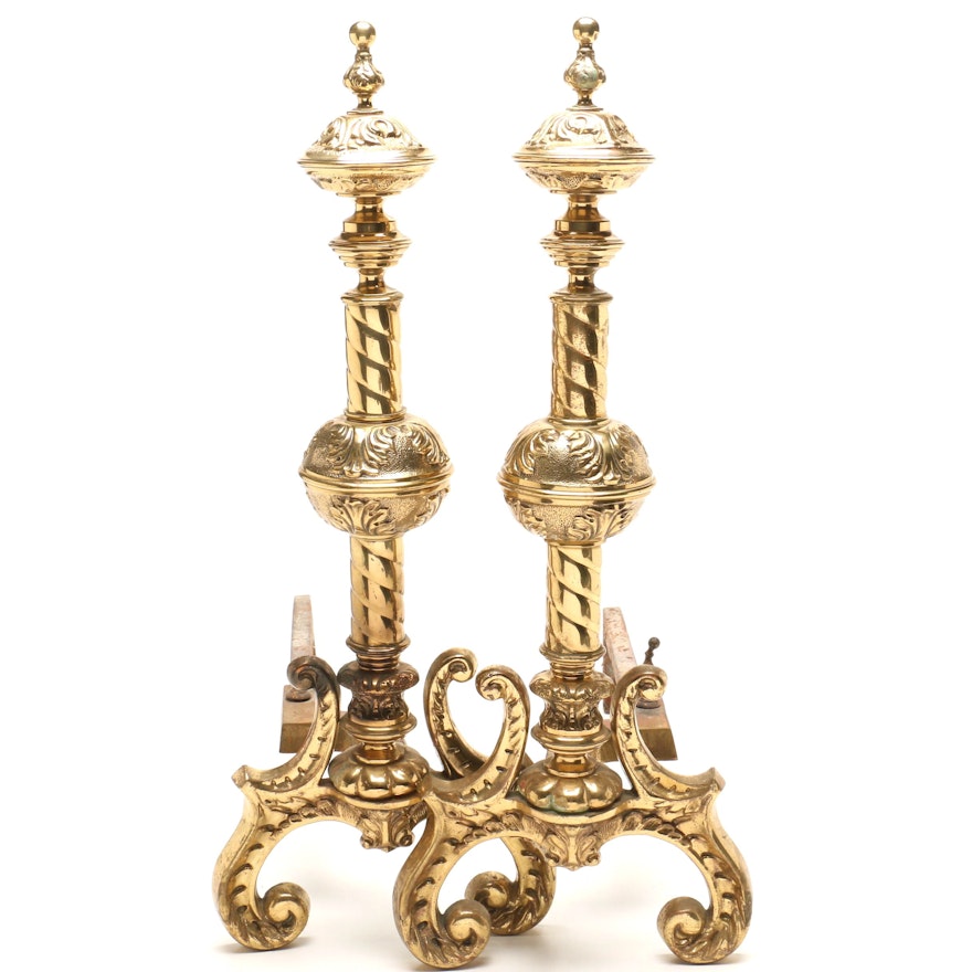 Baroque Style Brass Andirons, Mid 20th Century