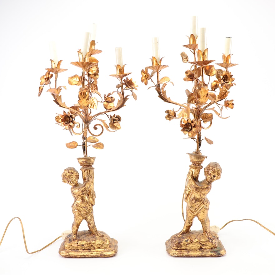Figural Tole Candelabra Table Lamps