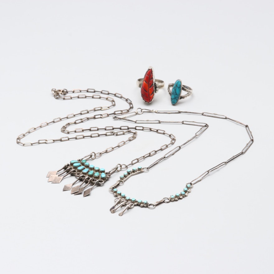Sterling Silver Turquoise and Imitation Coral Necklaces and Rings