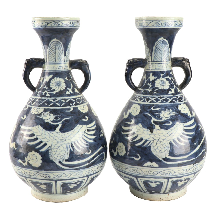 Chinese Blue and White Crane Motif Handled Vases