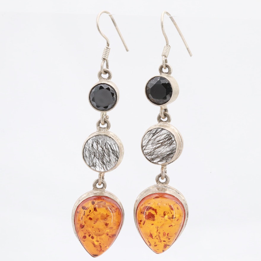 Sterling Silver Black Cubic Zirconia, Tourmalinated Quartz and Amber Earrings