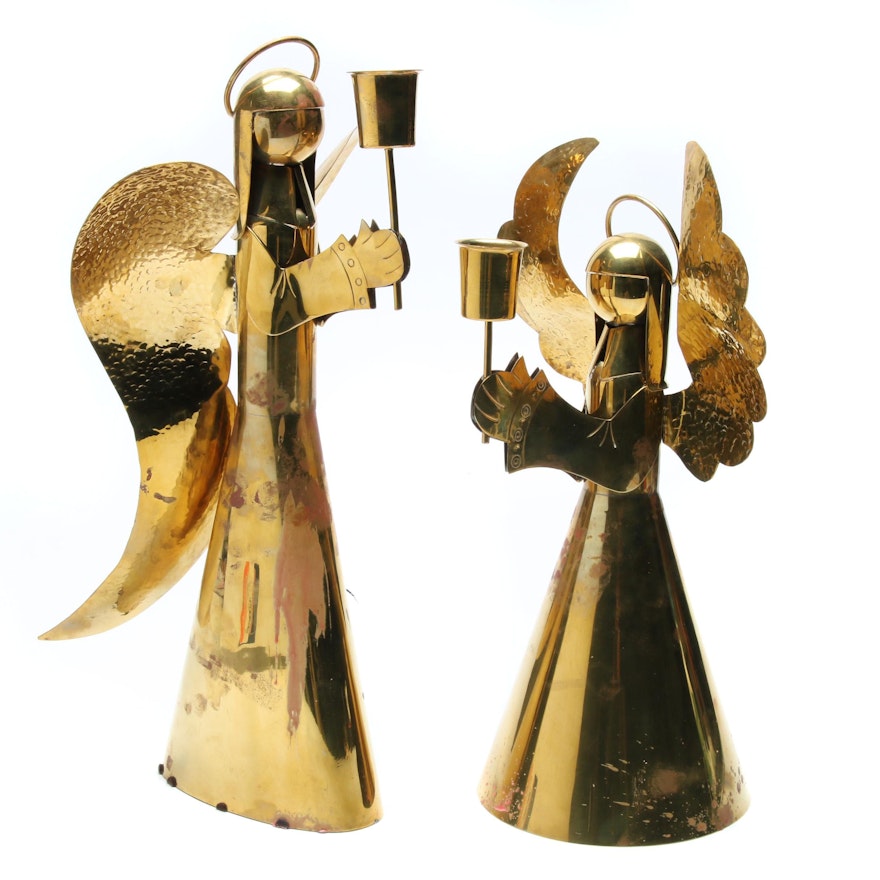 Two Brass Angel Motif Candle Holders