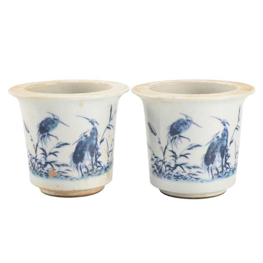 Chinese Hand-Painted Blue and White Crane Motif Planters