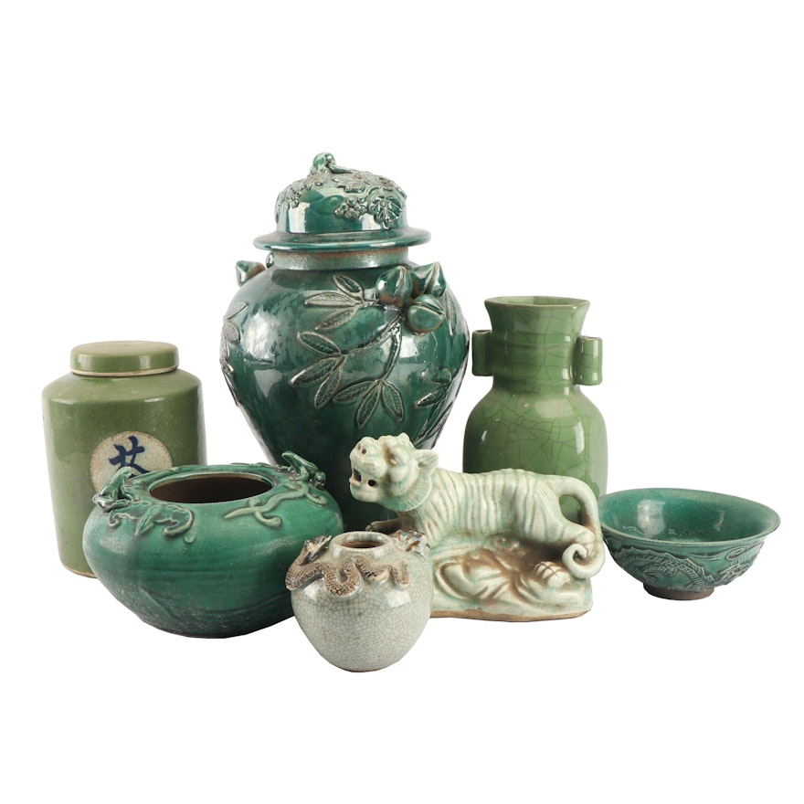 Chinese Green Hued Vessels and Lion Figurine