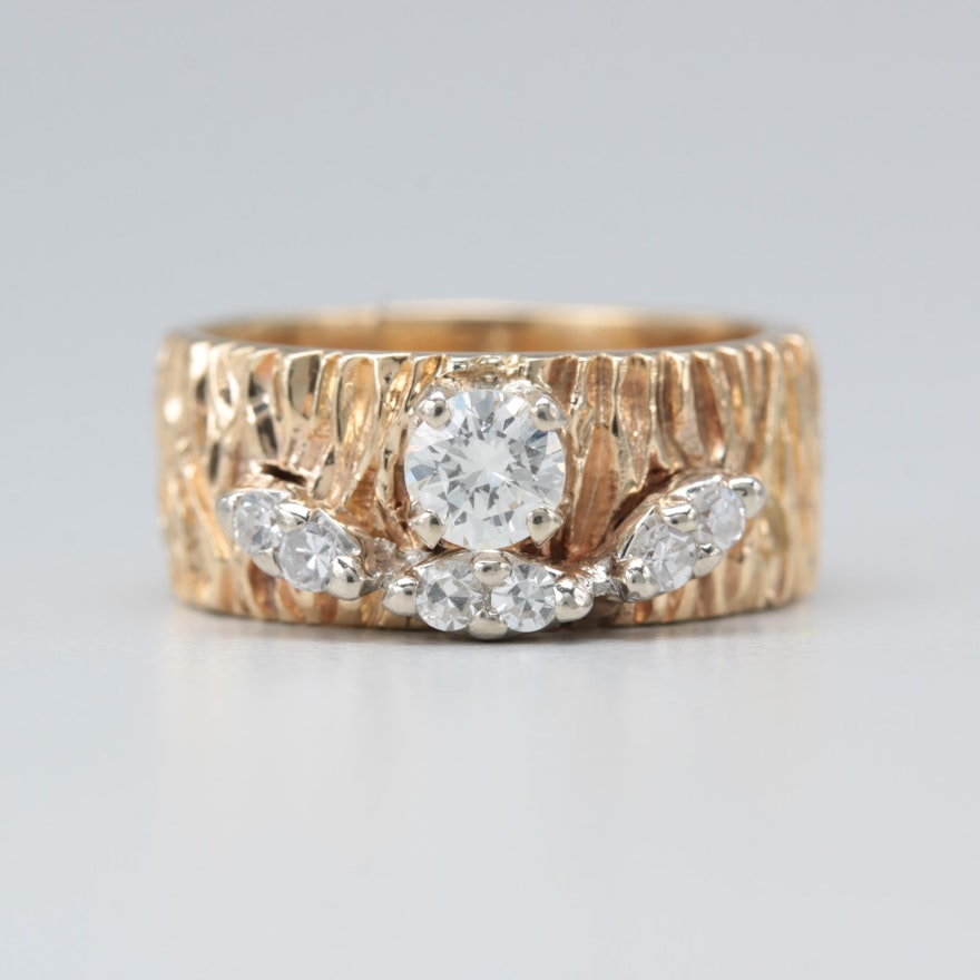 14K Yellow Gold Diamond Ring with Textured Band