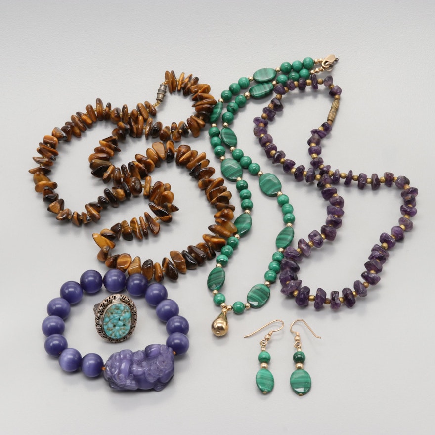 Gold Tone Amethyst Tiger's Eye and Malachite Necklaces, Ring and Earrings